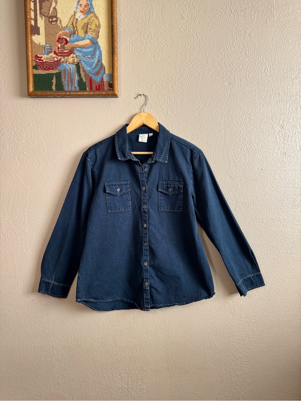 White Crow | Navy Blue Denim Button-Up Shirt | Size Large | Vintage wash style